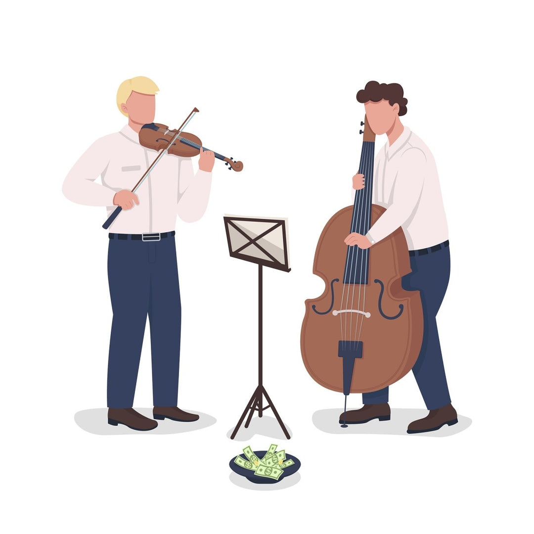 Playing street musicians flat color vector illustration set