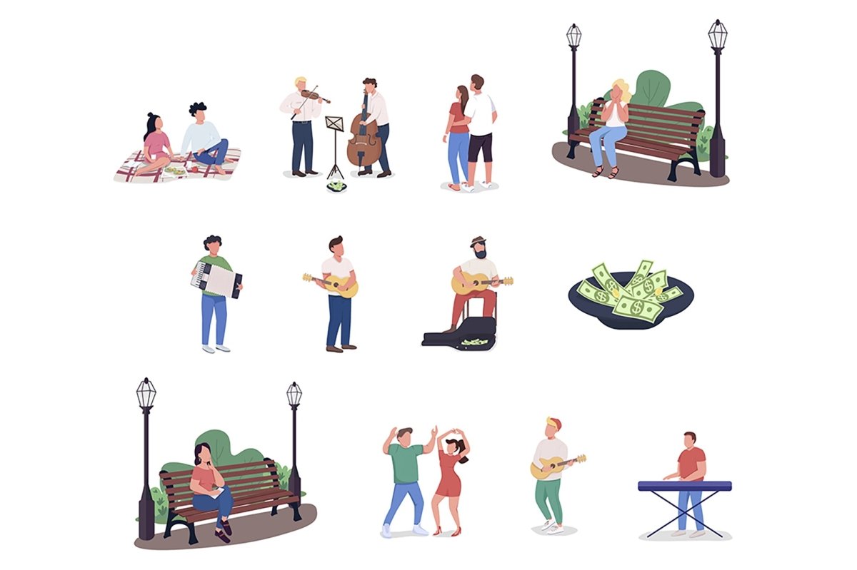 Playing street musicians flat color vector illustration set