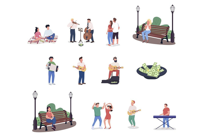 Playing street musicians flat color vector illustration set