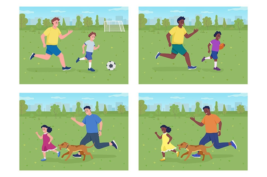 Playing with dad outdoors flat color vector illustration set