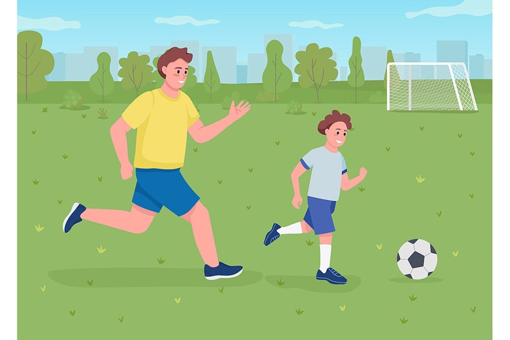 Playing with dad outdoors flat color vector illustration set