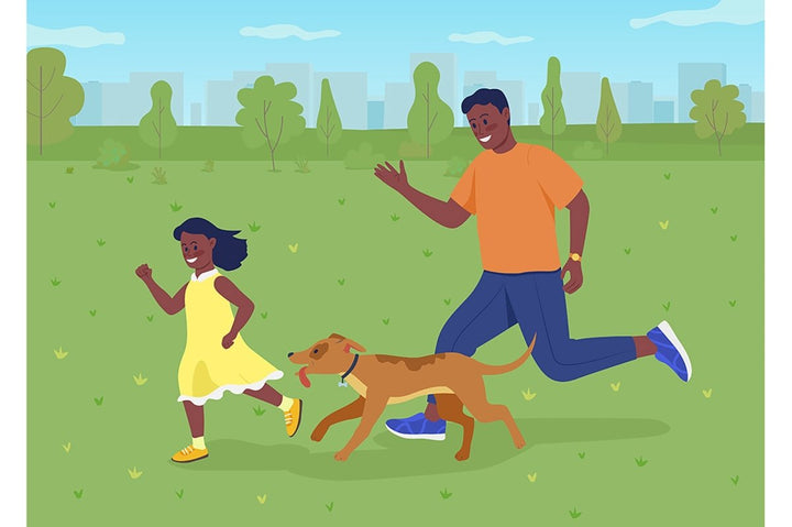 Playing with dad outdoors flat color vector illustration set