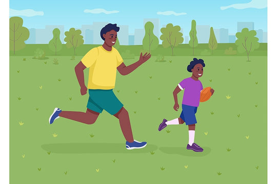 Playing with dad outdoors flat color vector illustration set