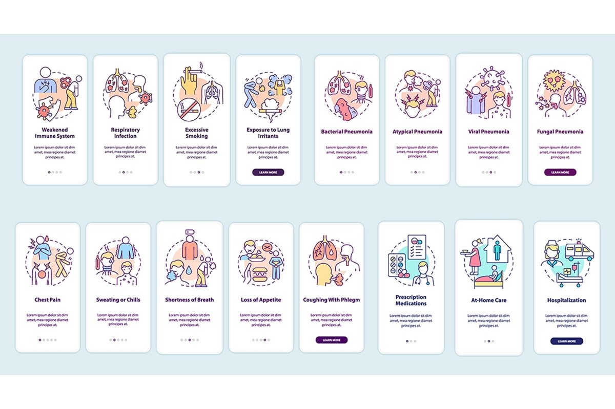 Pneumonia diagnosis onboarding mobile app page screen set