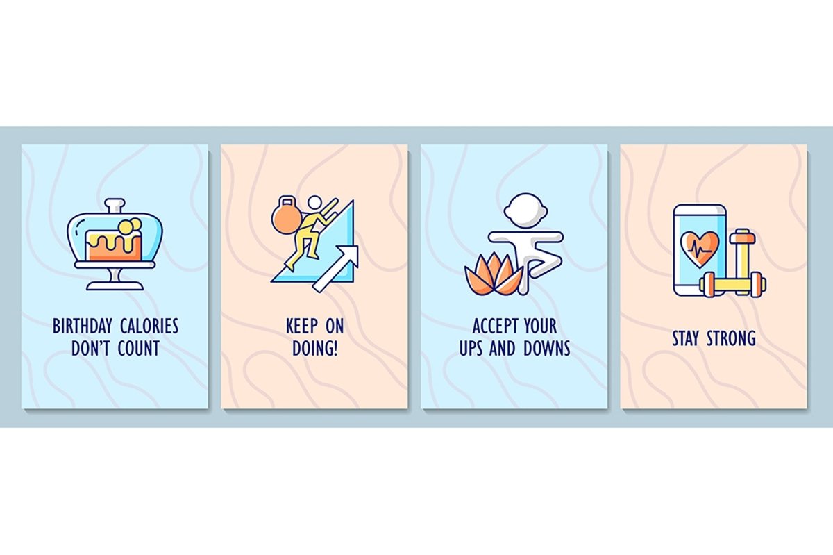 Positive messages in greeting card with color icon element set