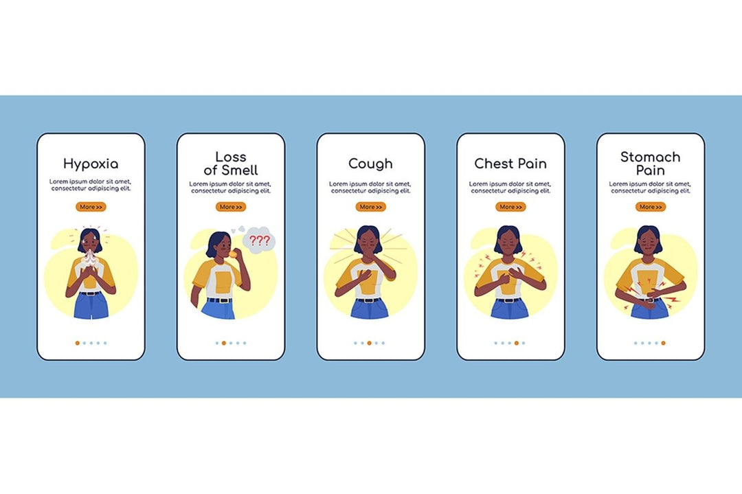 Post covid syndrome symptoms app screen template set