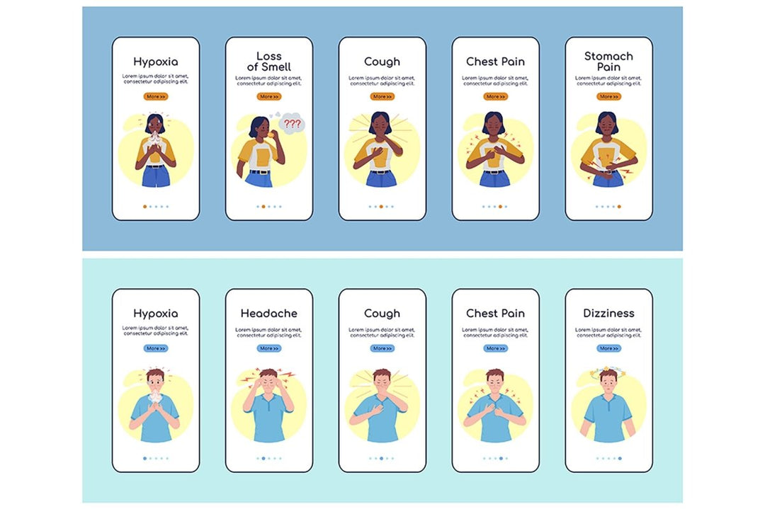 Post covid syndrome symptoms app screen template set