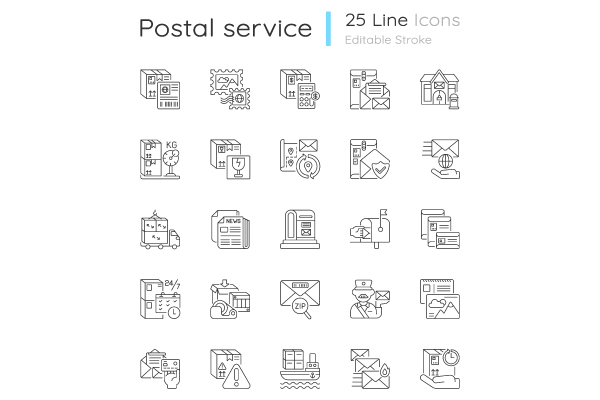 Postal services linear icons set