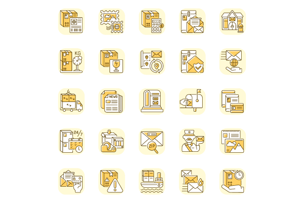 Postal services yellow RGB color icons set