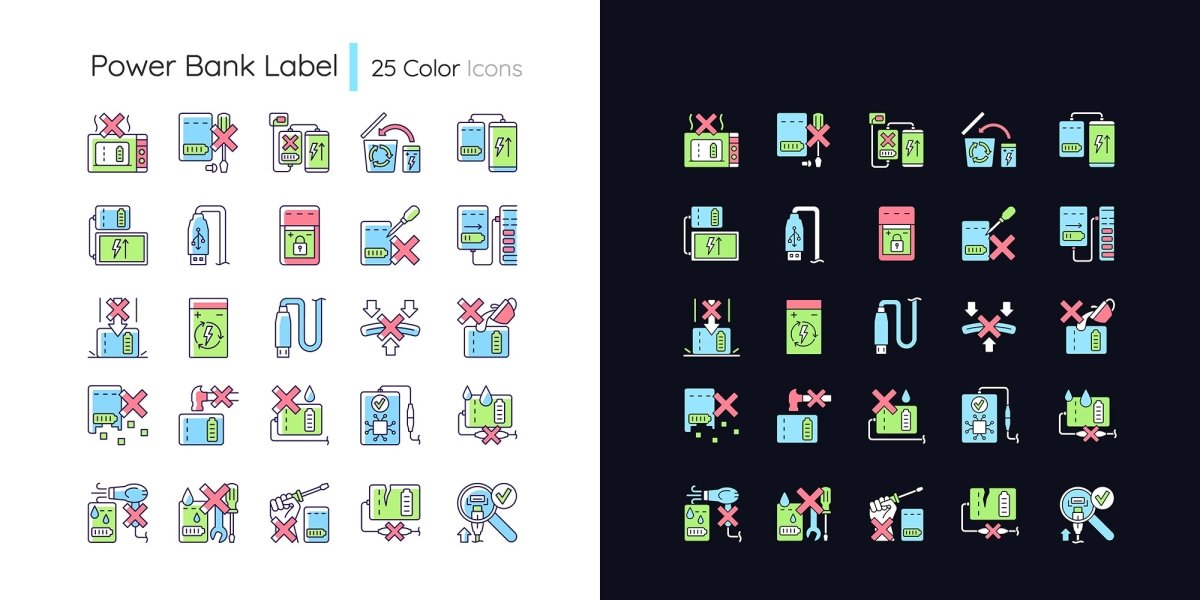 Power bank usage light and dark theme RGB color manual label icons set