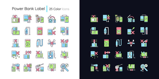 Power bank usage light and dark theme RGB color manual label icons set