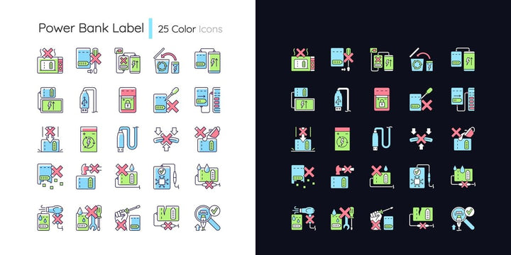 Power bank usage light and dark theme RGB color manual label icons set