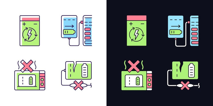 Power bank usage light and dark theme RGB color manual label icons set
