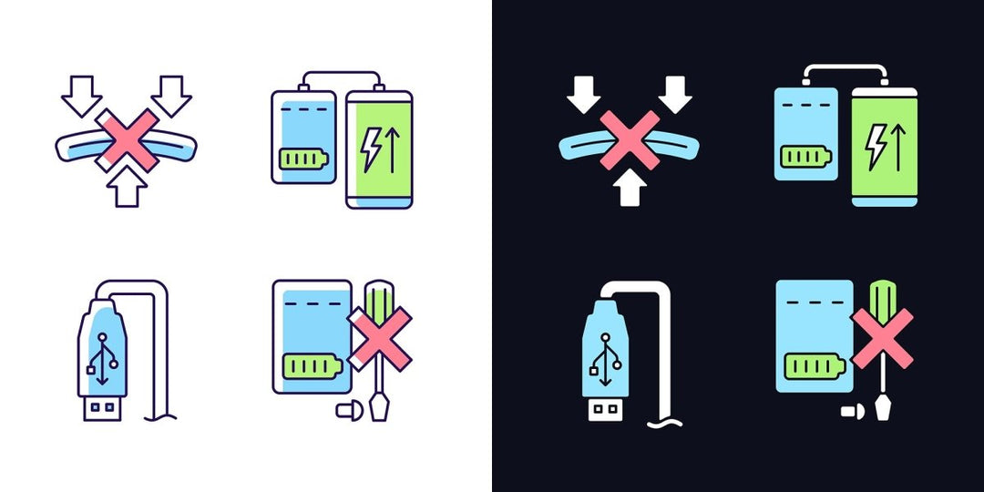 Power bank usage light and dark theme RGB color manual label icons set
