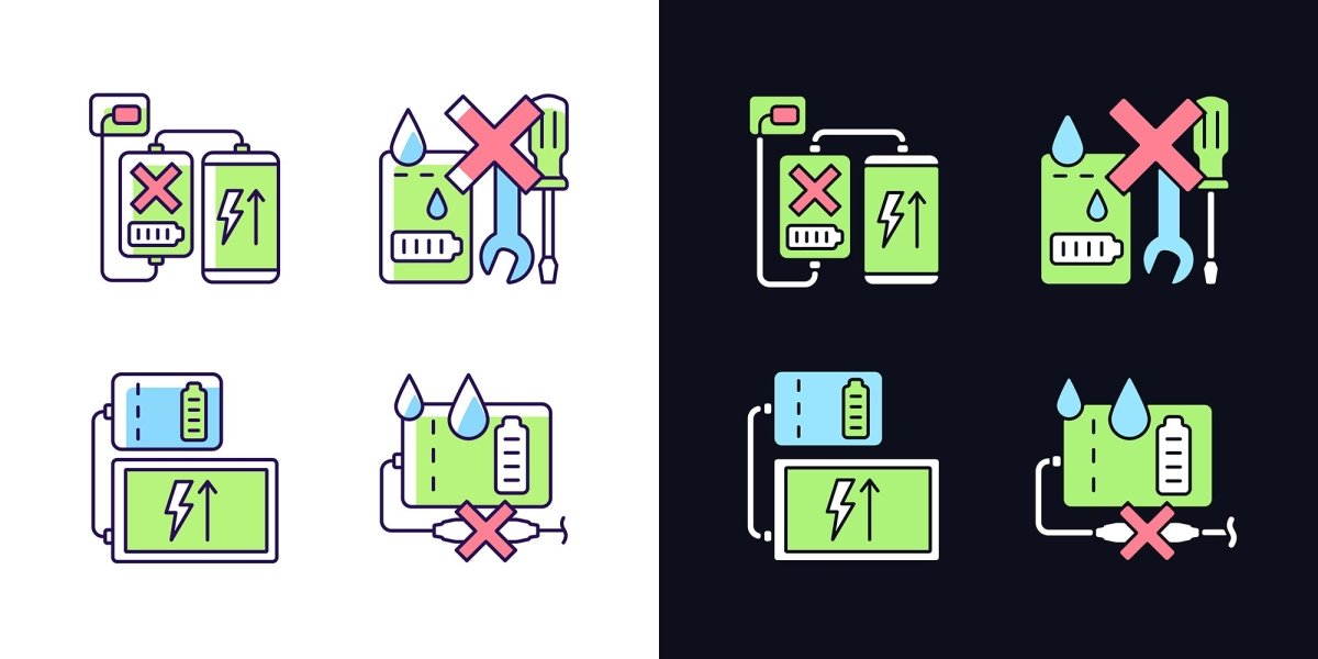 Power bank usage light and dark theme RGB color manual label icons set