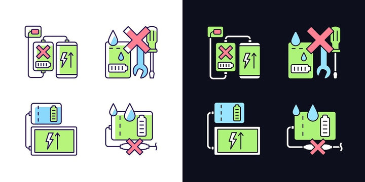 Power bank usage light and dark theme RGB color manual label icons set