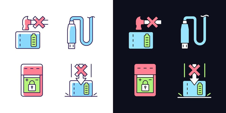 Power bank usage light and dark theme RGB color manual label icons set
