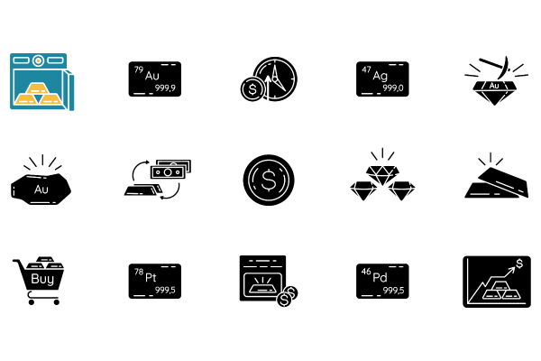 Precious metals and investment black glyph icons set
