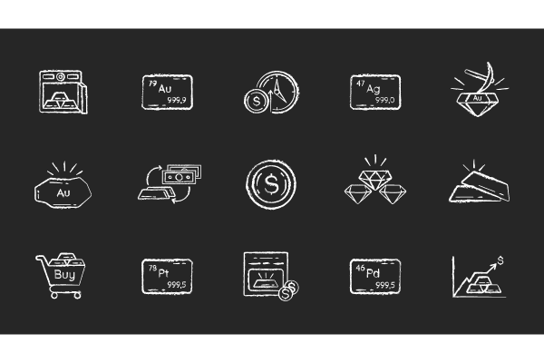 Precious metals and investment chalk white icons set