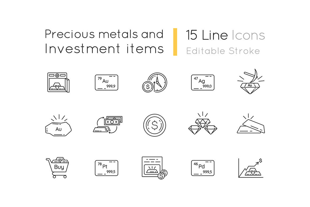 Precious metals and investment linear icons set