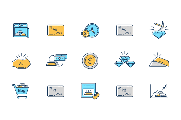 Precious metals and investment RGB color icons set