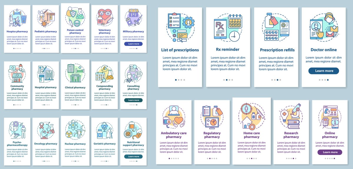 Prescription list and online pharmacy onboarding mobile app page bundle
