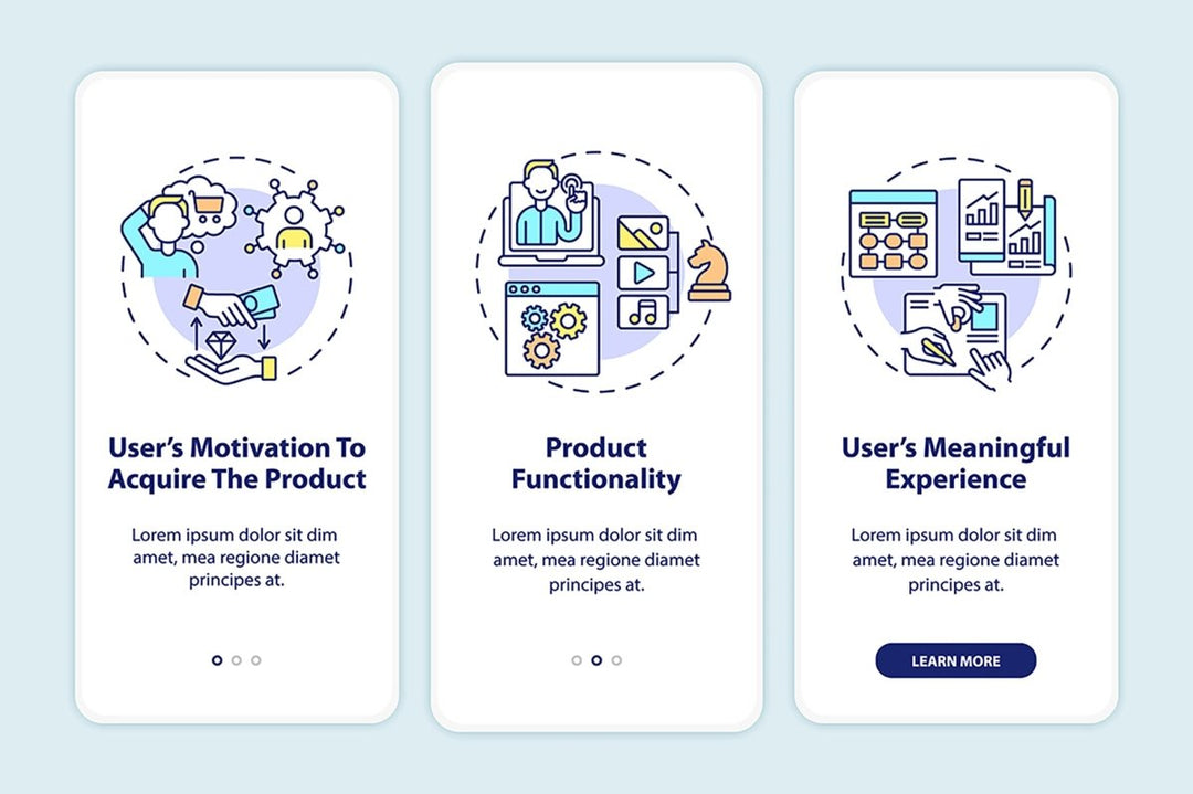 Product development onboarding mobile app page screens set