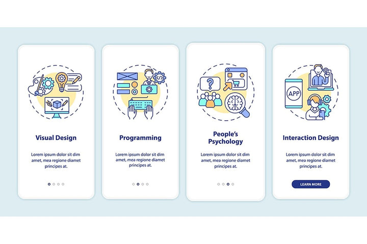 Product development onboarding mobile app page screens set