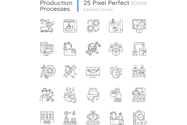 Production process pixel perfect linear icons set