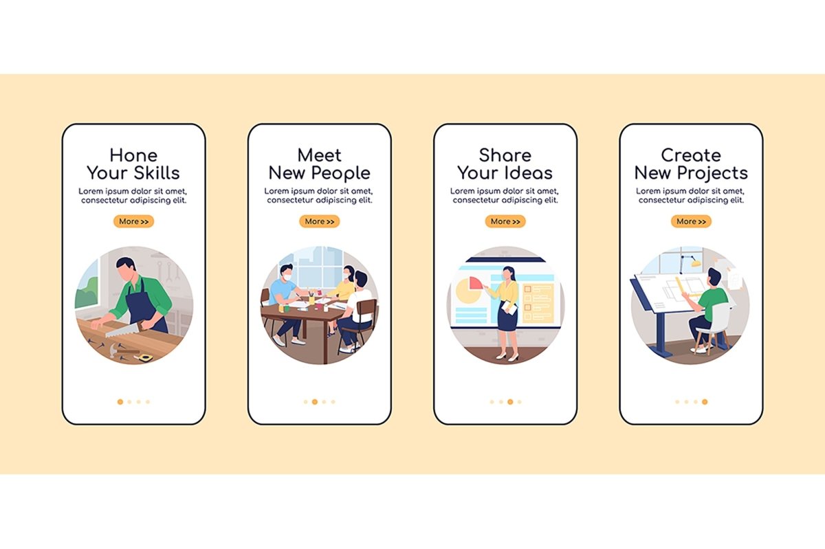 Profesisonal workshop onboarding mobile app screen vector templates