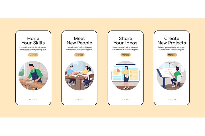 Profesisonal workshop onboarding mobile app screen vector templates