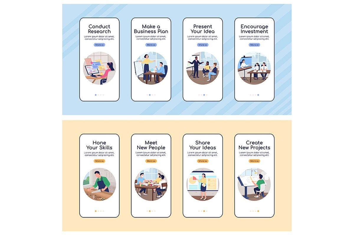 Profesisonal workshop onboarding mobile app screen vector templates