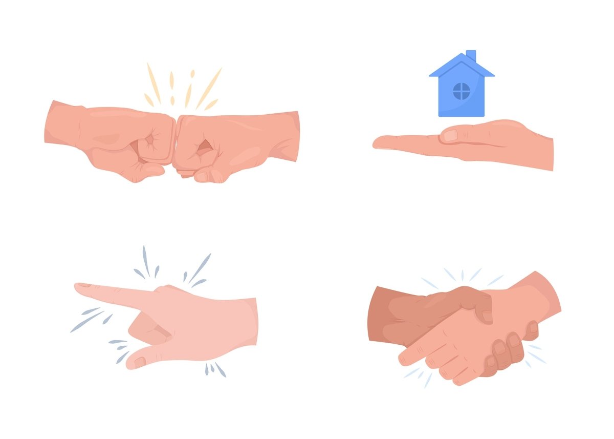 Property purchaser interaction semi flat color vector hand gesture set