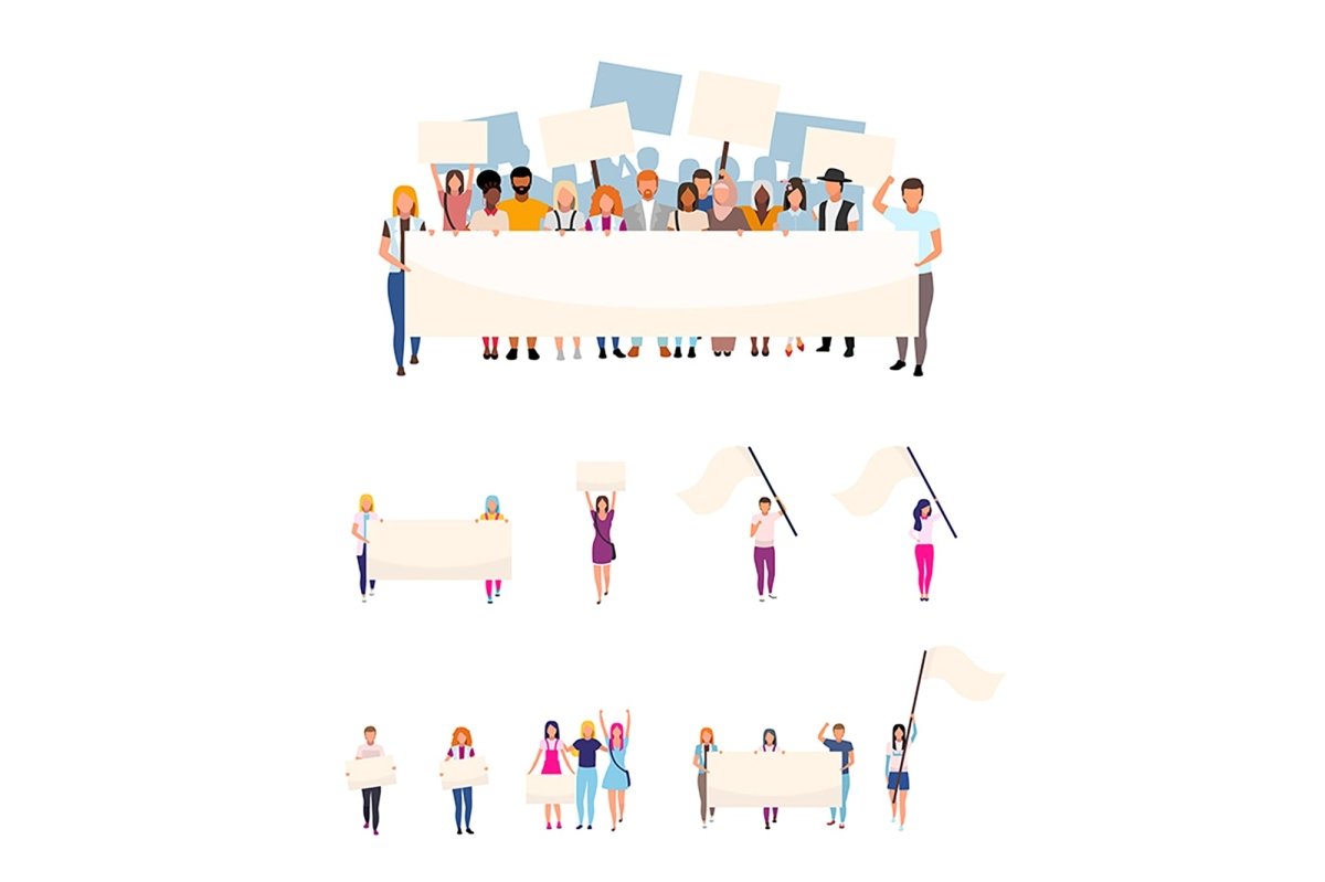 Protesters with blank placards flat vector characters set