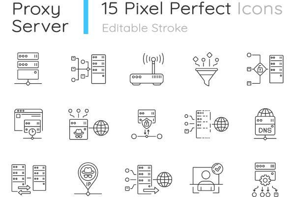 Proxy server linear icons set