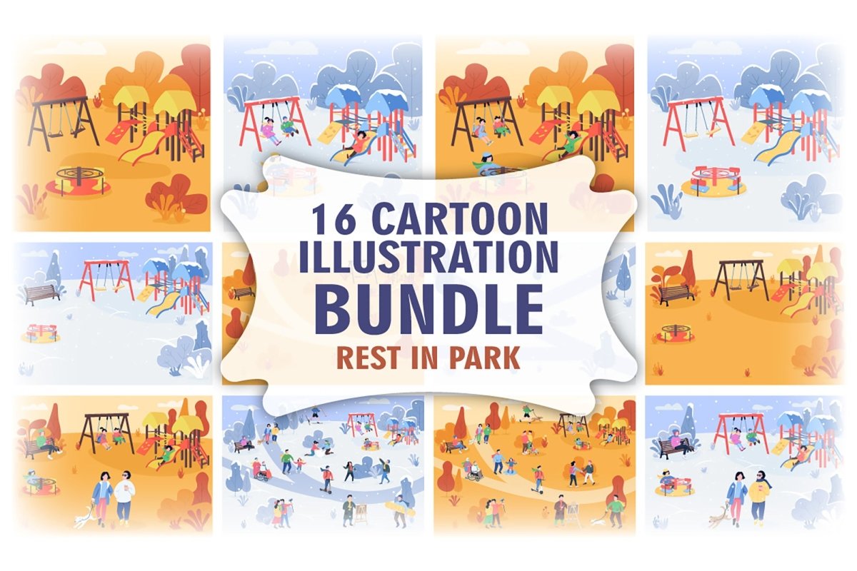 Public park color vector illustration bundle