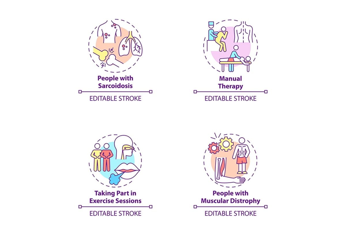 Pulmonary rehabilitation concept icons set.