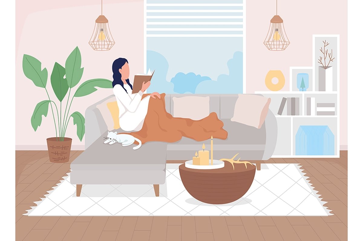 Reading at home flat color vector illustration set