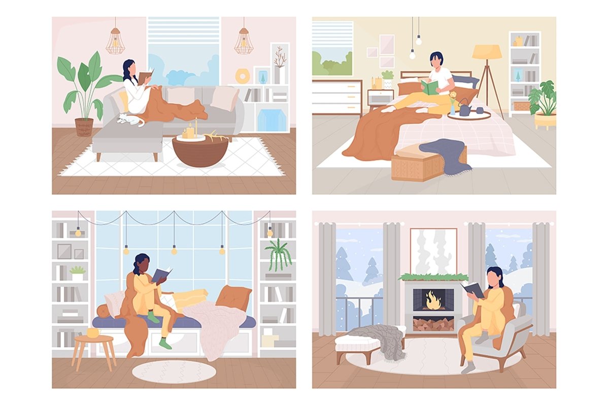 Reading at home flat color vector illustration set