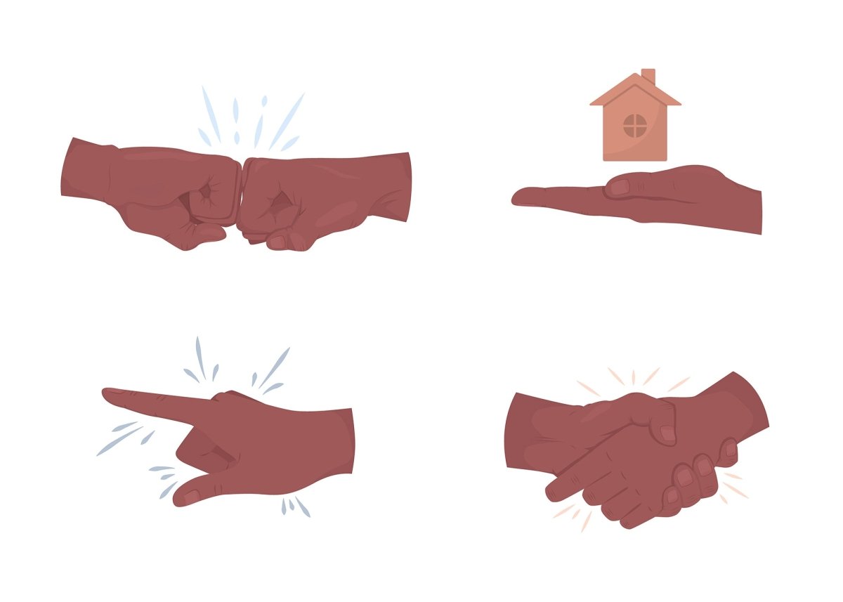 Real estate deal semi flat color vector hand gesture set