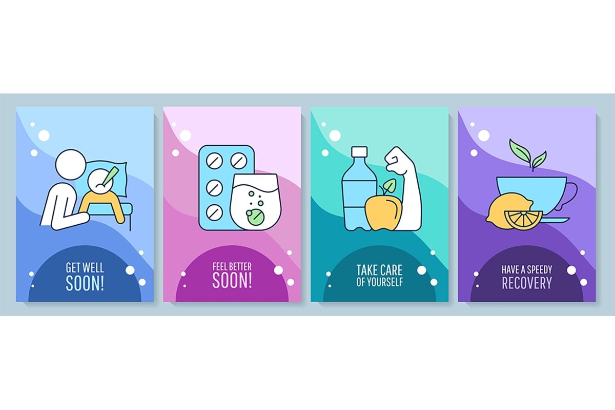 Recovery greeting card with color icon element set