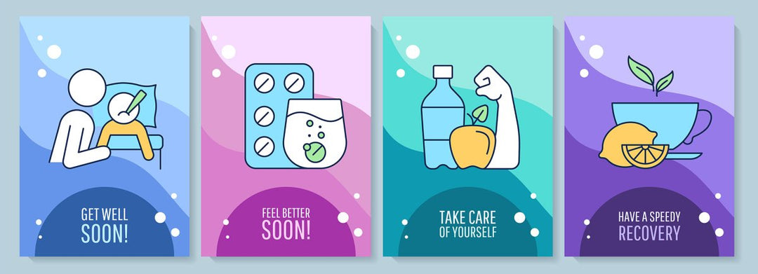 Recovery greeting card with color icon element set