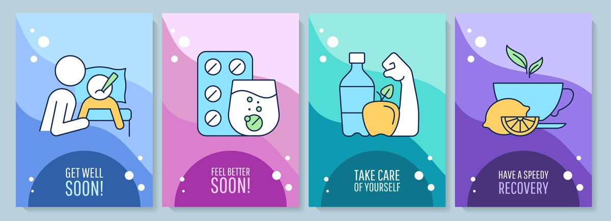 Recovery greeting card with color icon element set