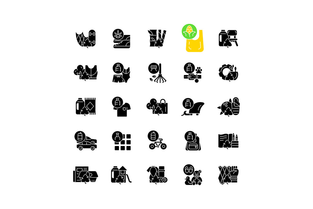 Recycled materials black glyph icons set on white space