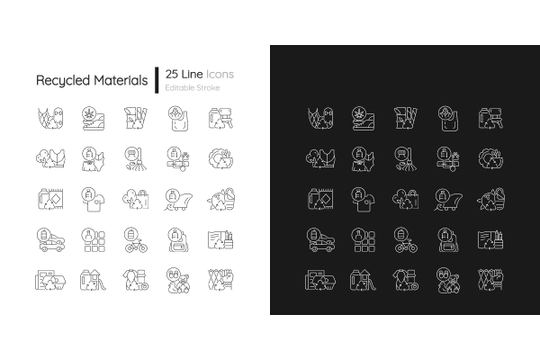 Recycled materials linear icons set for dark and light mode