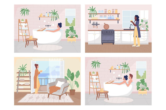 Resting at home flat color vector illustration set