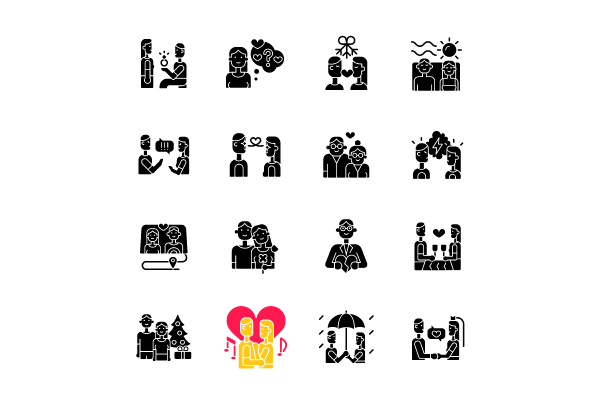 Romance black glyph icons set on white space