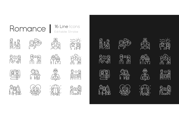 Romance linear icons set for dark and light mode