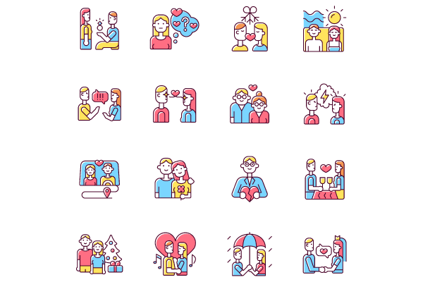 Romance RGB color icons set