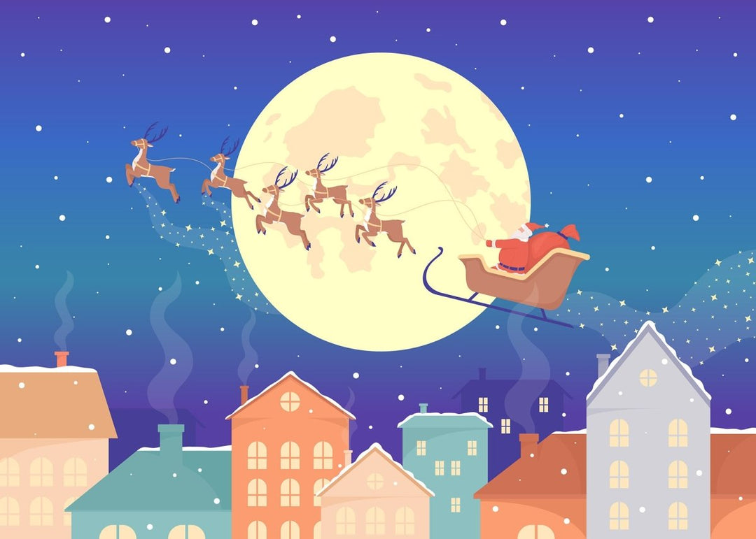 Santa Claus sleigh and reindeers flying above town flat color vector illustration